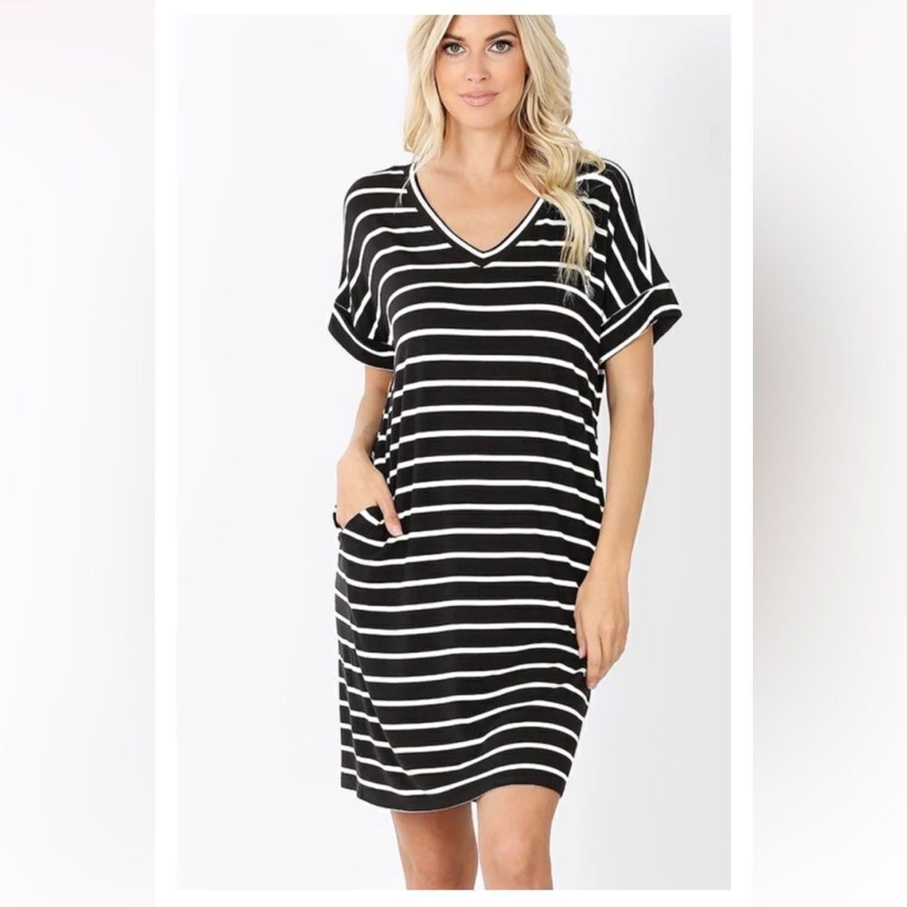 Zenana Brand Black and White Striped T-Shirt Dress Size Medium